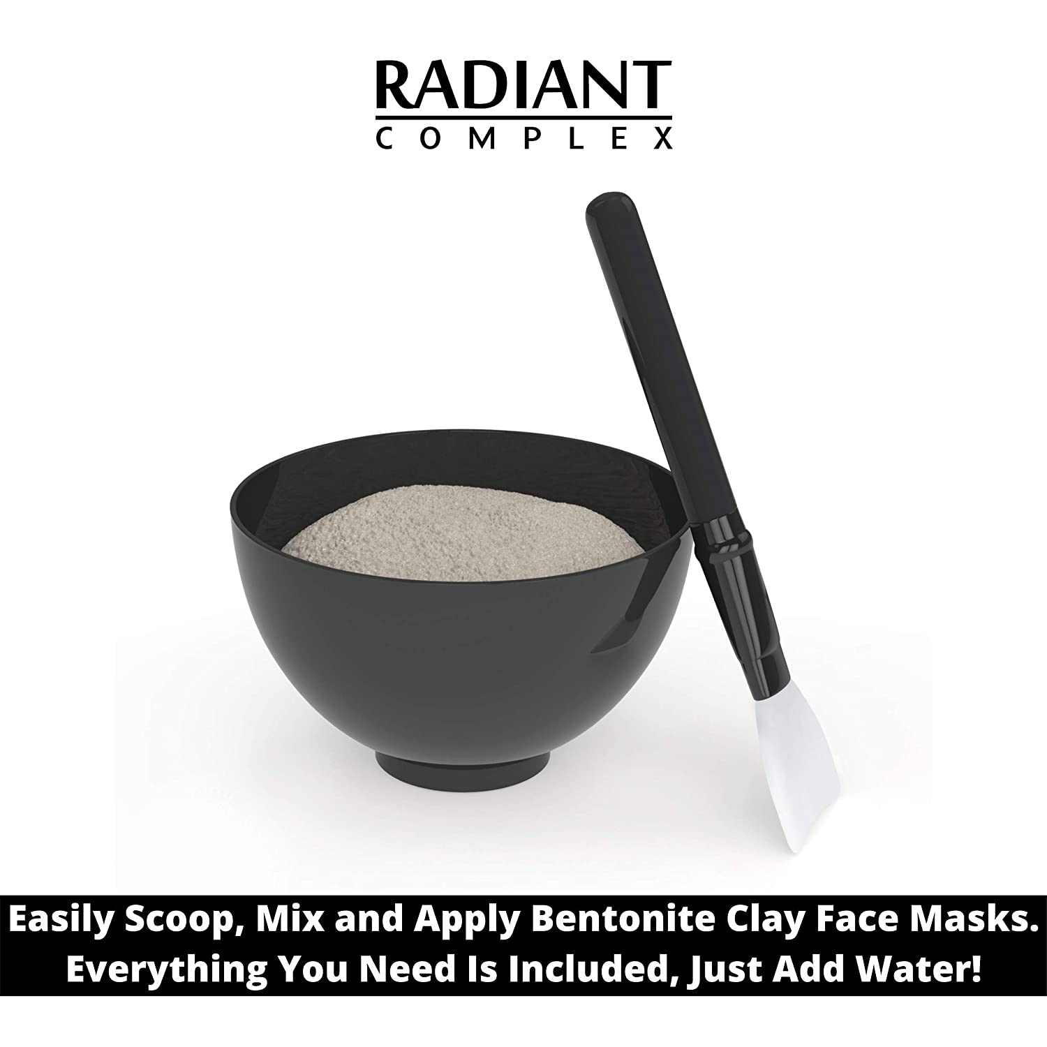 Radiant Complex DIY Face Mask Mixing Bowl Set with Sodium Bentonite 16 Oz Jar | Silicone Mask Bowl, Applicator Brush, Mixing Spatula and Measuring Cup | Black