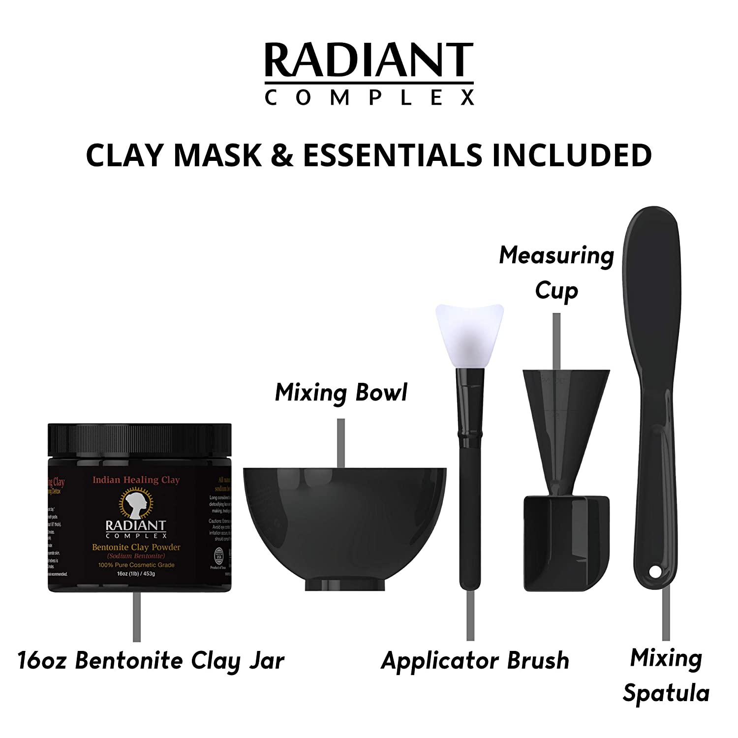 Radiant Complex DIY Face Mask Mixing Bowl Set with Sodium Bentonite 16 Oz Jar | Silicone Mask Bowl, Applicator Brush, Mixing Spatula and Measuring Cup | Black